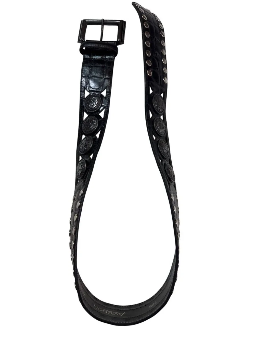 Avignon vintage Black Leather Belt Silver Lion Medallions Stud Detail 37, large